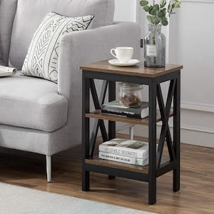 3-Tier Nightstand, 1 pcs，Brown Wooden Sofa Side Table with Storage Shelves, Stable Structure, 15.7"L x 11.8"W x 24.2"H