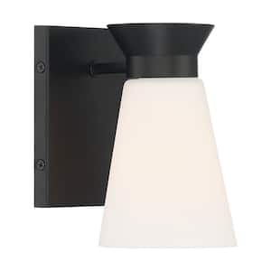 Caleta 4.75 in. 1-Light Black Wall Sconce with Frosted Cylindrical Glass Shade