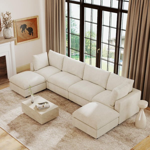 6-Piece Beige Modular Sectional Sofa Chenille Living Room Set, Extra-Wide Seating, Removable Washable Covers