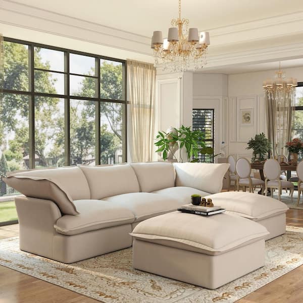 Large 123 in. Flared Arm 5-piece Linen U-shaped Modular Cloud Sectional Sofa with 2 Ottomans Washable Covers in. Beige