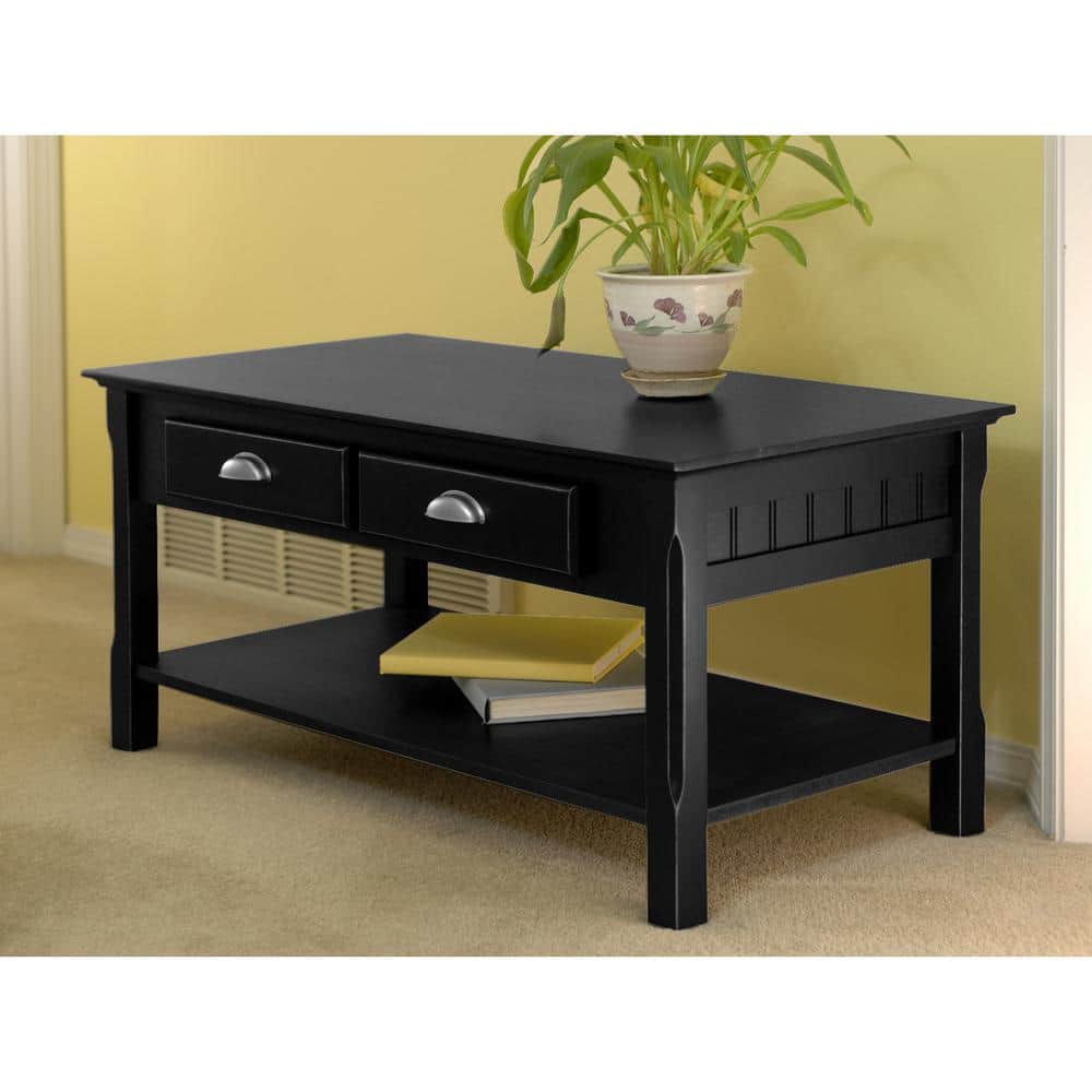 Black Rectangular Wood Coffee Table with Storage Drawers