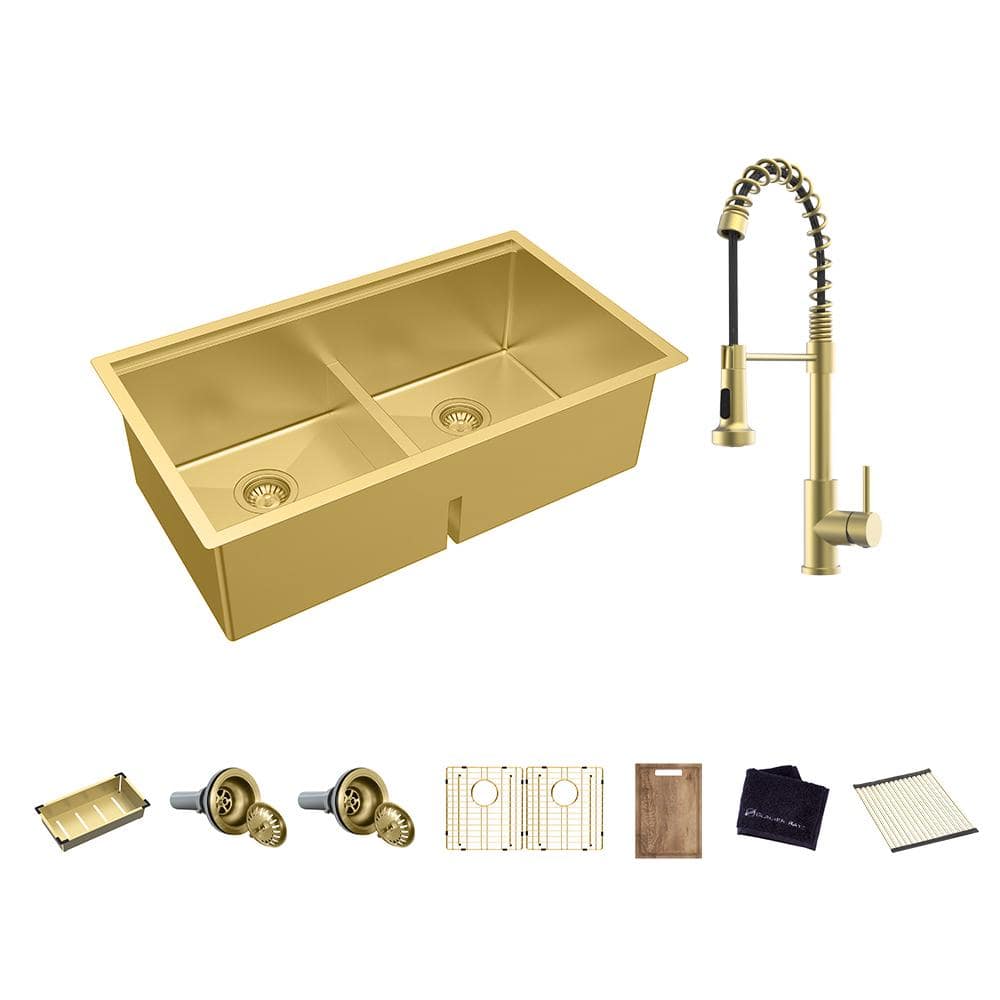 33 in. Undermount Double Bowl 18-Gauge Gold Stainless Steel Workstation Kitchen Sink with Spring Neck Faucet -  Glacier Bay, 4533FG-1