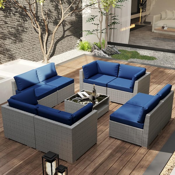 Gardenbee 9-Piece Wicker Outdoor Patio Sectional Sofa Conversation Set with Coffee Table and Blue Cushions