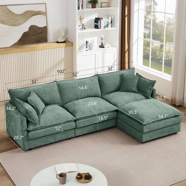 Shawn Modern 102 in. Upholstered Chenille L-Shaped Modular Sectional Sofa in Mint Green with Ottoman, Pillows, DIY