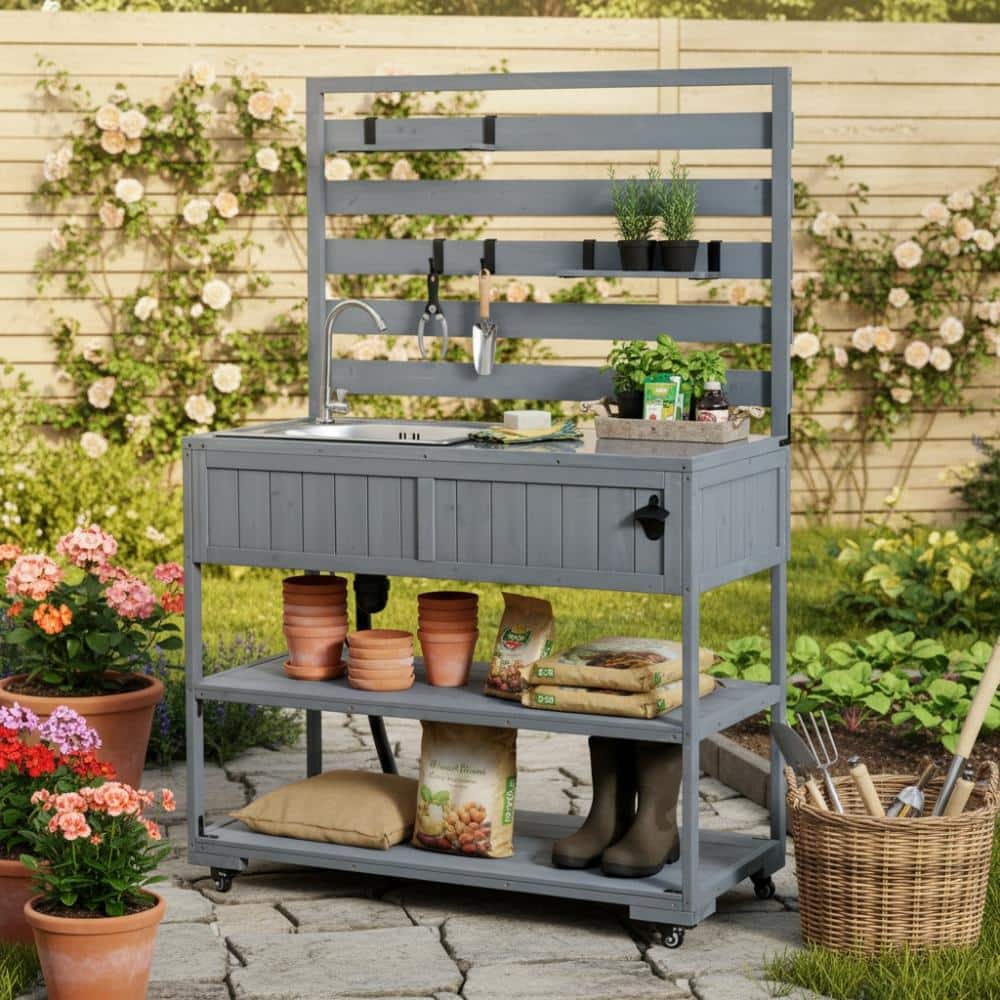 41.7 in. W x 16.6 in. D Gray Wood Potting Bench with Sink and Stainless Table Top price history on PriceWatchPro