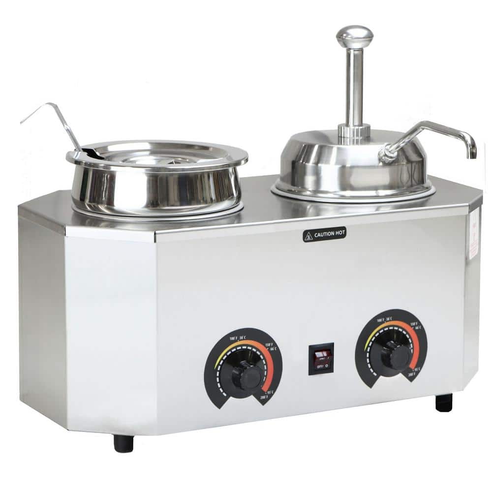 Silver Stainless Steel Dual Soup Warmer with Ladle and Pump