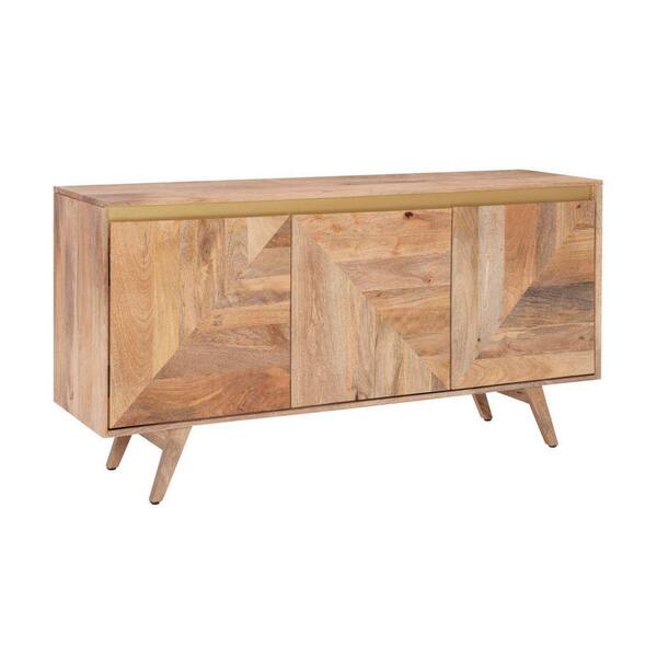 Benjara Brown Wood Top 16 in. Sideboard with 3 Doors and Angled Legs