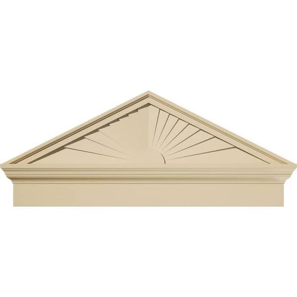 Ekena Millwork 38 in. W x 16-3/8 in. H x 2-3/4 in. P Pitch 6/12 Peaked Cap Sunburst Signature Urethane Combination Pediment, Primed Tan