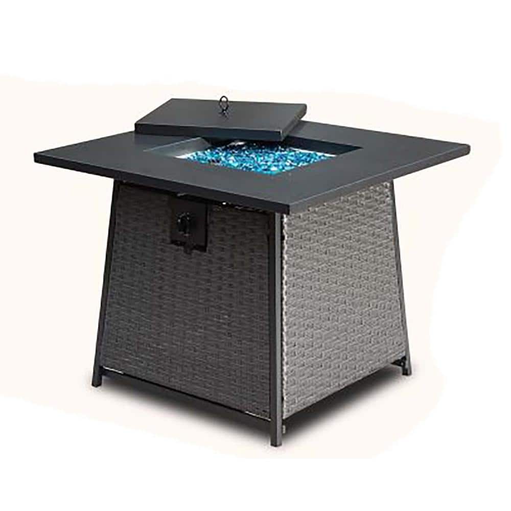 28 in. Propane Fire Pits Table with Blue Glass Ball, Outdoor Wicker Fire Ta