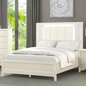 Quinby White Wood Frame Queen Panel Bed with LED on Headboard