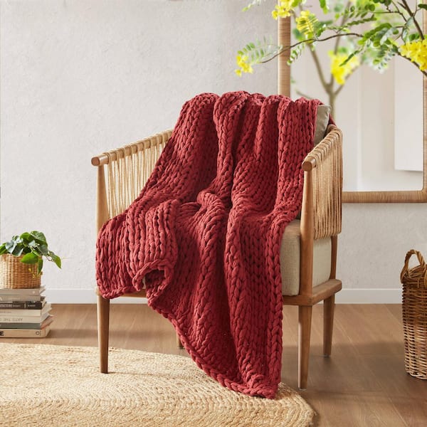 Chunky Double Knit Red 50 in. x 60 in. Handmade Throw Blanket