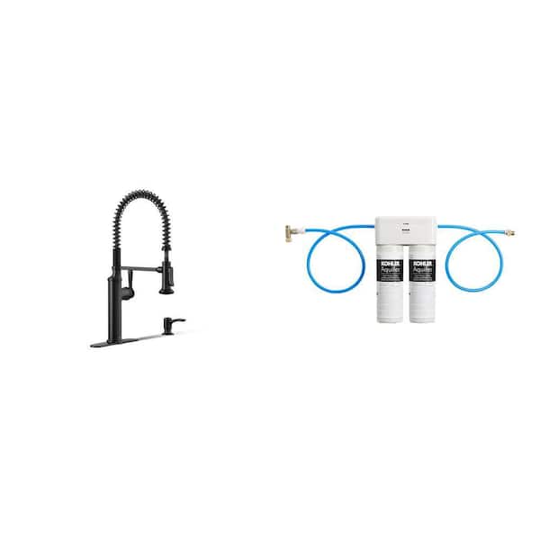 Matte Black Pull Down Sprayer Kitchen Faucet and Under-Sink Double Cartridge Water Filtration System Combo