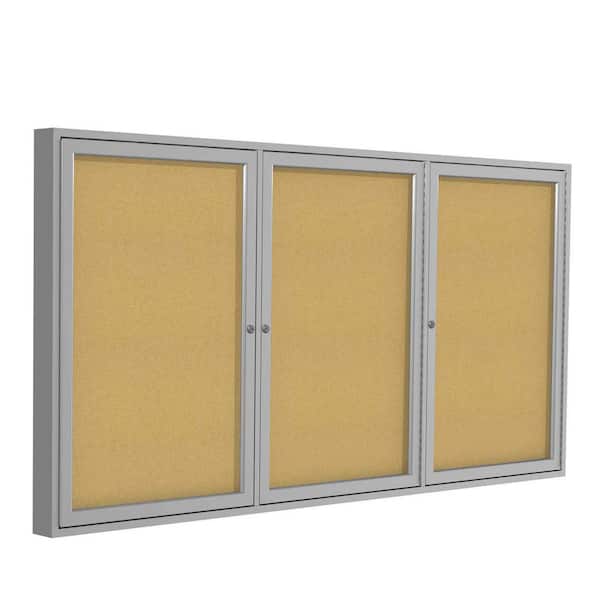 ghent 3-Door Enclosed 48 in. x 72 in. Bulletin Board, with Satin Frame, Natural Cork, (1-Pack)