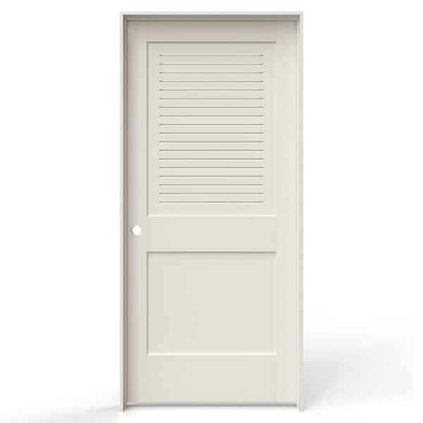 JELD-WEN 36 in. x 80 in. 2 Panel Right-Handed Primed MDF Wood Single Prehung Interior Door Upper Modern Ventilated Panel Louver