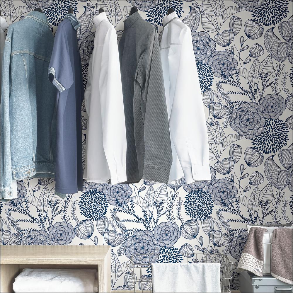 Navy Floral Garden Peel and Stick Wallpaper, Self-Adhesive Vinyl