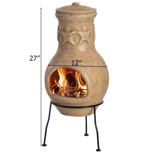 Vintiquewise Outdoor Beige Clay Chimenea Maya Design Fire Pit with