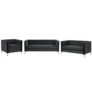 Velvet 3-Piece Sofa Sets Contemporary Home Theater Seating Upholstered Couch Set for Living Room in Black