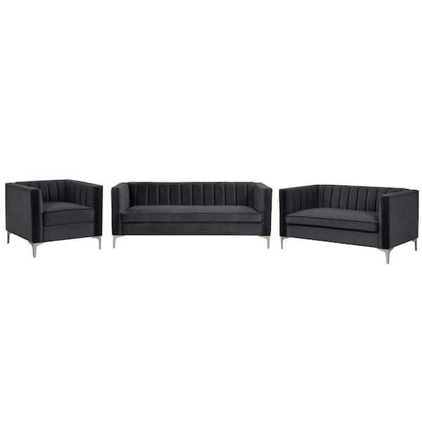 Morden Fort Velvet 3-Piece Sofa Sets Contemporary Home Theater Seating Upholstered Couch Set for Living Room in Black