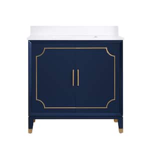 Melody 36 in. W x 22 in. D x 35 in. H Freestanding Bath Vanity in Navy Blue with Carrera White Vanity Top with cUPC Sink