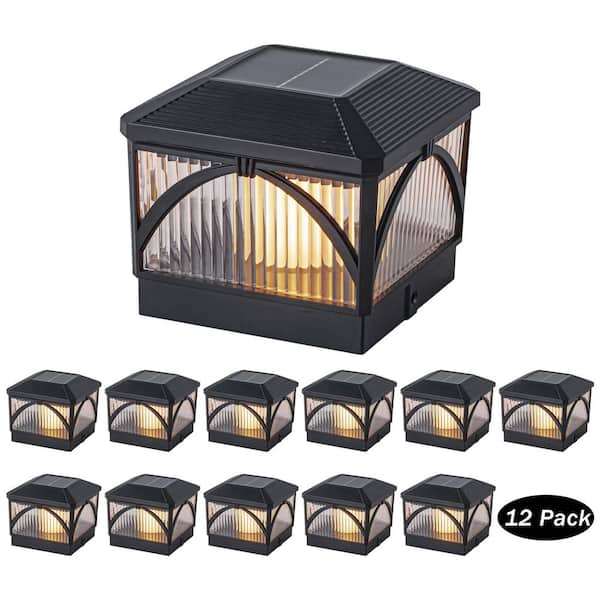 4 x 4 or 3.5 x 3.5 Black Integrated LED Solar Post Cap Lights with Flame Flicker and Standard Mode (12-pack)