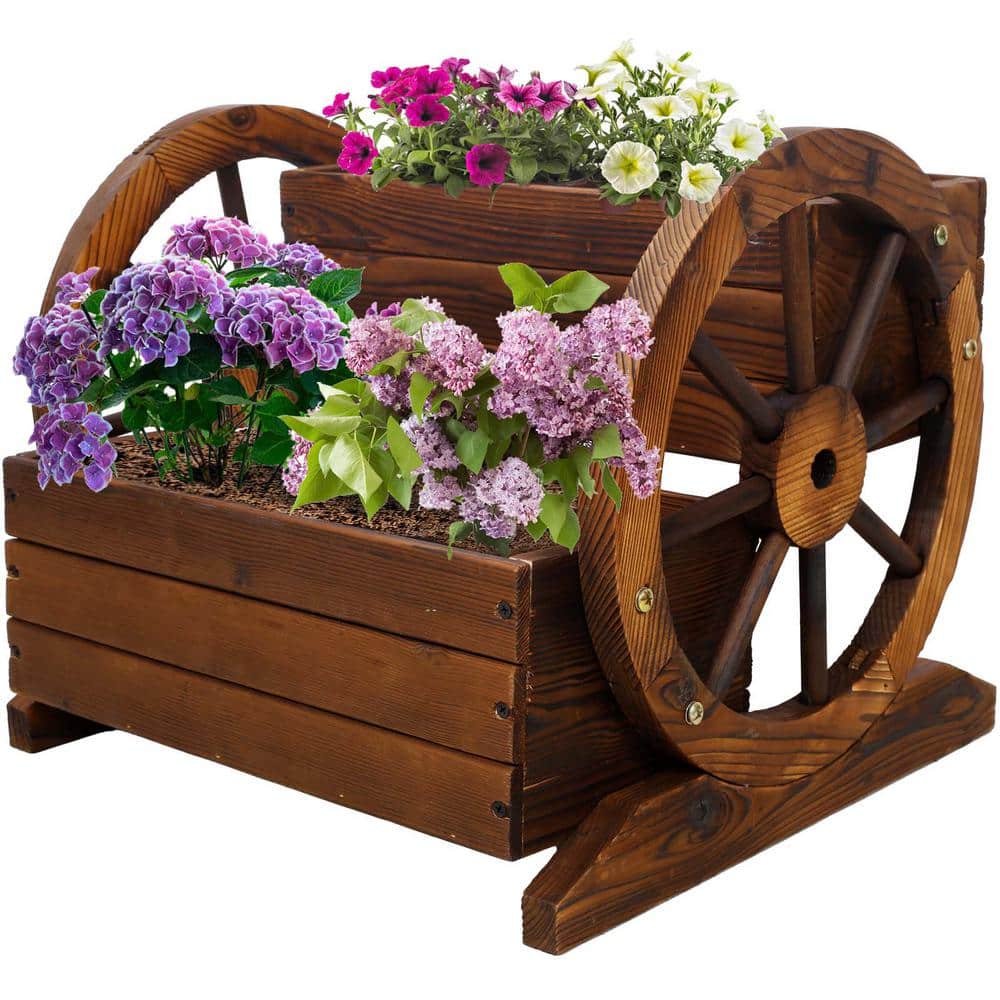Brown Wood Wagon Planter Box Outdoor Decorative Planter Raised Garden Beds 