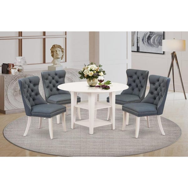 East West Furniture 5-Piece Linen White Finish Solid Wood Top - Round Dining Room Set with Dropleaf - Seats 4