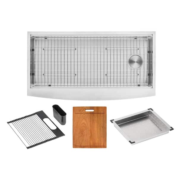 eModernDecor Workstation 42 in. Farmhouse Apron 16G Single Bowl Stainless Steel Kitchen Sink w/ Integrated Ledge- 15mm Tight Radius