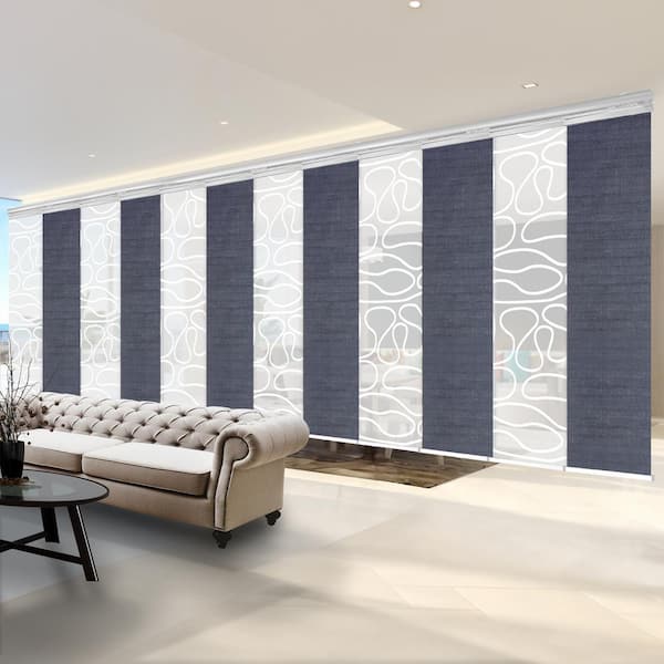 EMOH Denim Swirl 140 in. - 260 in. W x 94 in. L Adjustable 12-Panel White Double Rail Panel Track with 23.5 in. Slates