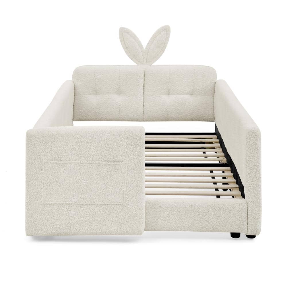 Beige Boucle Fabric Twin Platform Bed with Rabbit Ear Headboard, Safety Rail, Storage durable construction