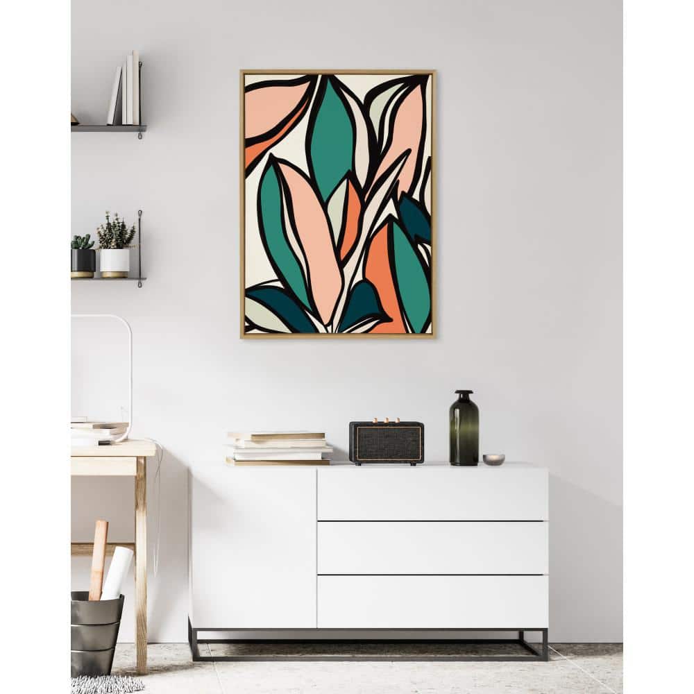 Colorful Abstract Ficus Leaves Canvas Print with Natural Frame