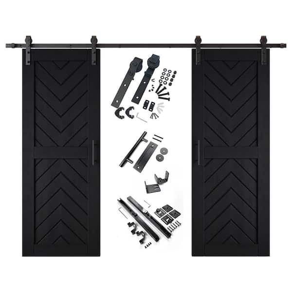 JT4 30 in. x 80 in. C-Panel Black Fishbone Design Double Pine Wood Sliding Barn Door with Hardware Kit