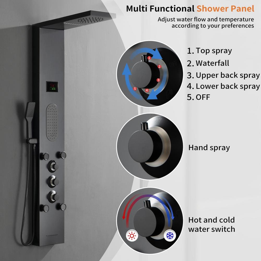 Matte Black LED Shower Panel with Brass Jets and Handheld