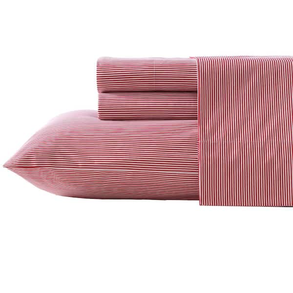 Penny Pinstripe 3-Piece White/Red Percale Cotton Twin Sheet Set
