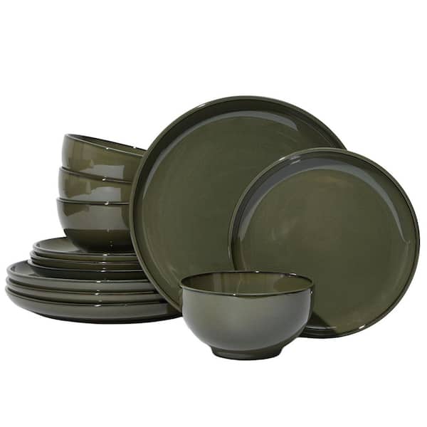 12-Piece Blackish Green Stoneware Dinnerware Sets, Reactive Glaze Plates and Bowls Sets Handmade Dish Set, Service for 4