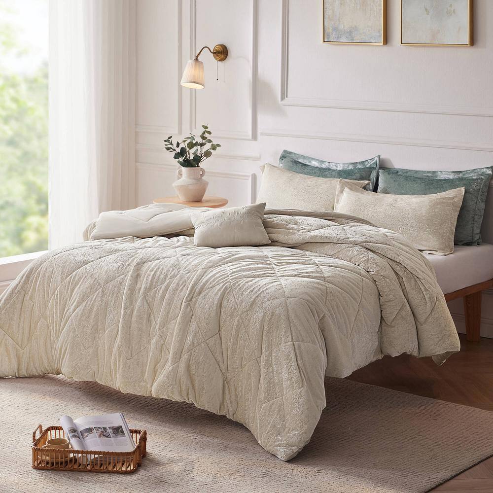 Champagne Velvet Diamond Quilted Queen Duvet Cover Set