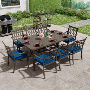 9-Piece Brown Cast Aluminum Outdoor Dining Set with Rectangle Retro Table 8 Dining Chairs with Blue Cushion (Seat 8)