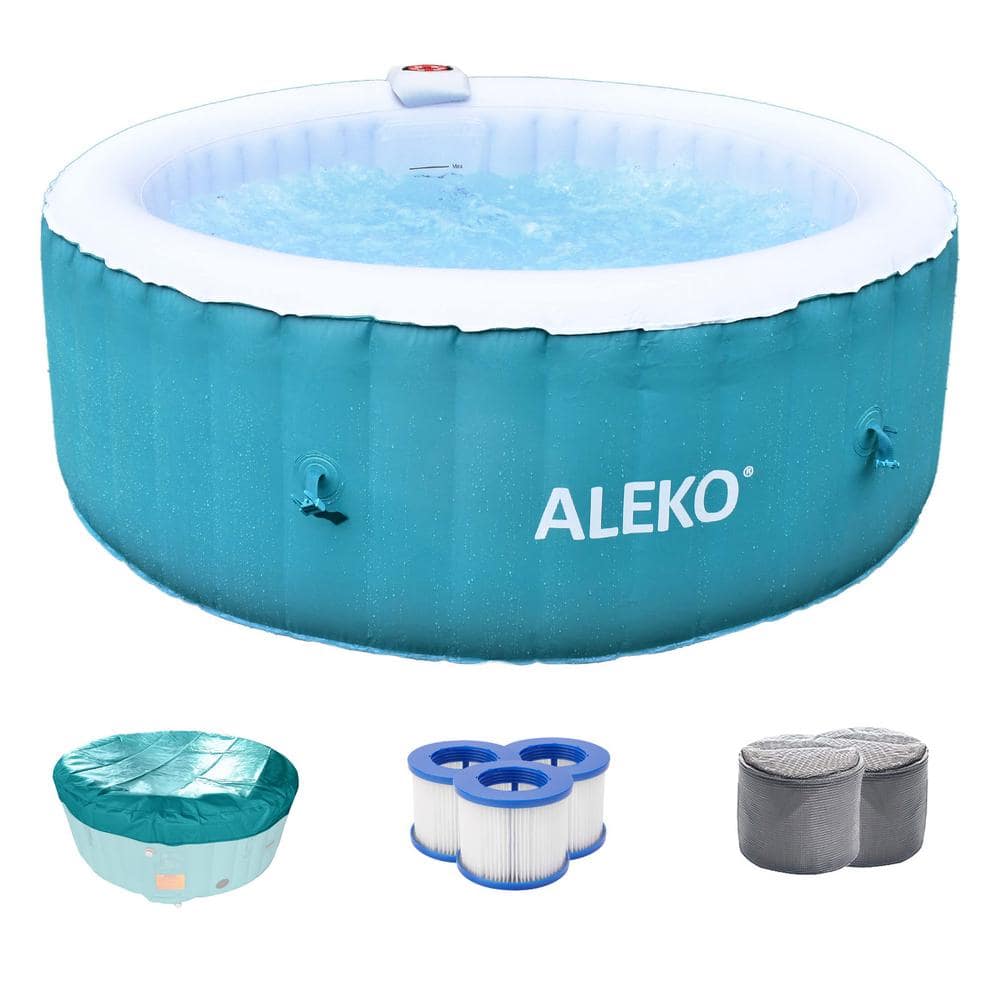 Round Inflatable Hot Tub with Cover for 4 Persons, Light Blue and White