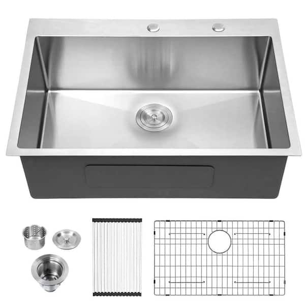 Logmey 16 Guage Stainless Steel 28 in. Single Bowl Round Corner Drop-In Kitchen Sink with Strainer and Bottom Grid