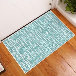 Hudson Cotton Light Teal 2 ft. x 3 ft. Thin Non Slip Indoor Area Rug or Front Door Foyer Rug for Entryway