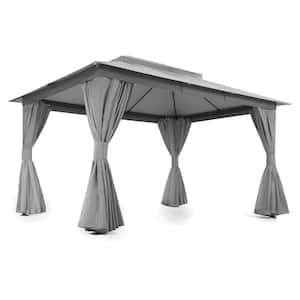 10 ft. x 13 ft. Gray Outdoor Patio Gazebo with Double Roof, Nettings and Privacy Screens