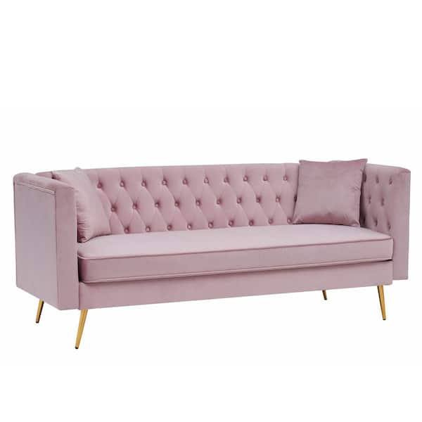ATHMILE 77.2 in. Square Arm Velvet Modern Straight 3-Seater Sofa with Golden Metal Legs in Pink