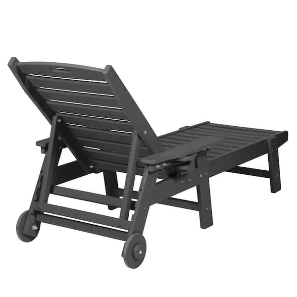 HDPE Outdoor and Garden Patio Chaise Lounge Chair, Wood Texture with Wheels For Pool, Deck, Poolside Gray
