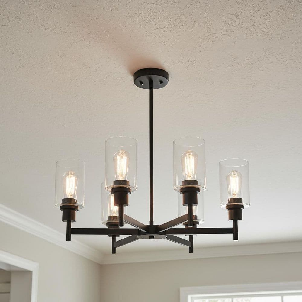 6-Light Black Farmhouse Chandelier with Adjustable Height, Industrial Clear Glass Pendant Light for Dining Room price history on PriceWatchPro