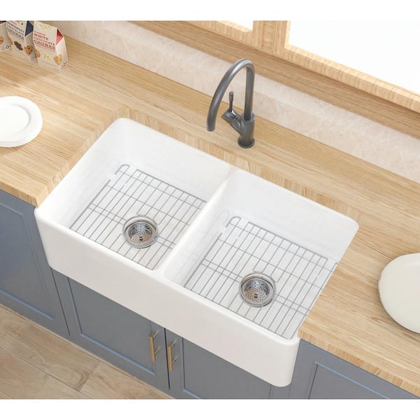 Unbranded 33 in. Drop-In Double Bowls White Ceramic Kitchen Sink, Farmhouse Kitchen Sink with Modern Style