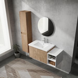 42 in. Single Sink Floating Imitative Oak Bath Vanity with White Resin Top, Open Shelf and Two Side Cabinets Unassembled