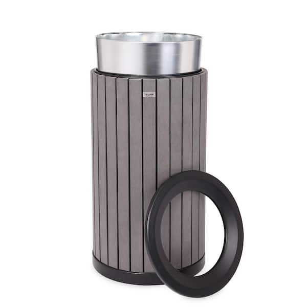 32 Gal. Grey All-Weather Steel Commercial Outdoor Trash Can Receptacle with  Slatted Wood Style Panels