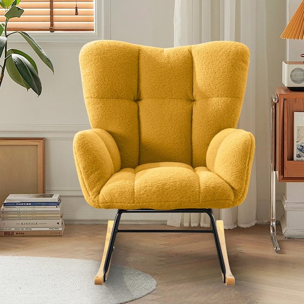 Unbranded Metal and Teddy Fabric Outdoor Rocking Chair with Yellow Cushion, Modern Rocking Accent Chair