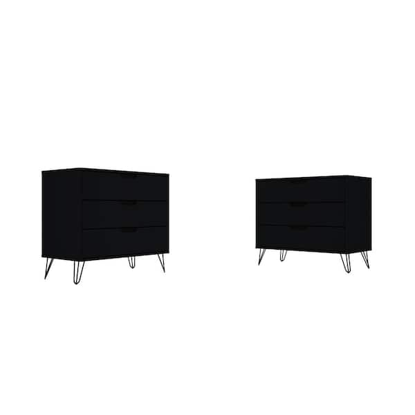 Manhattan Comfort Rockefeller 3-Drawer Black Dresser (Set of 2)