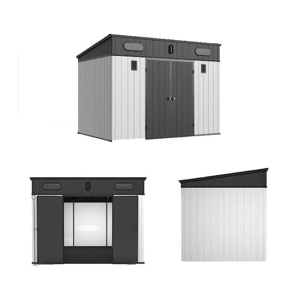 Outdoor 10 ft W x7 ft D Storage Garden Plastic Resin Shed with Black Skillion Flat Roof,Vent,Door,Floor(70 sq ft.),Grey