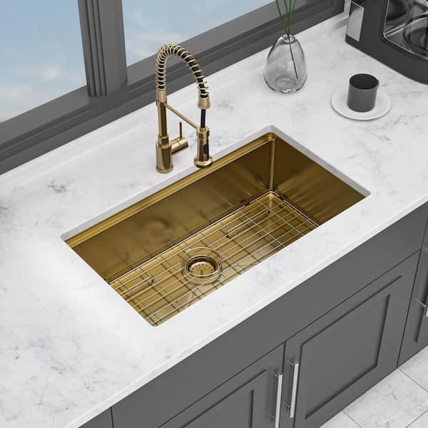 33 in. Undermount Single Bowl 16-Gauge Gold Stainless Steel Kitchen Sink with Bottom Grids, Drain Board